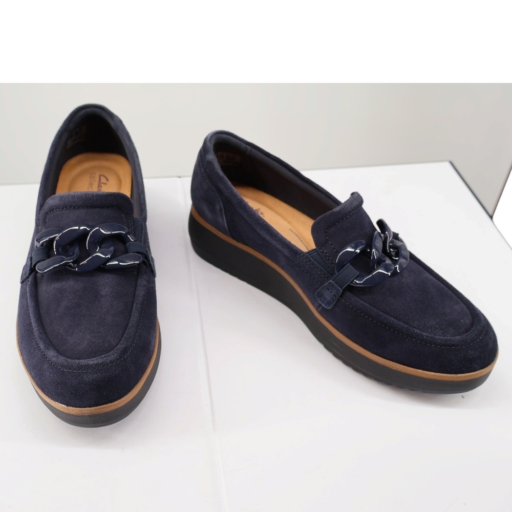 Navy Blue Suede Chain Platform Wedge Loafers Slip On Clarks Zylah May US 9 EU 40